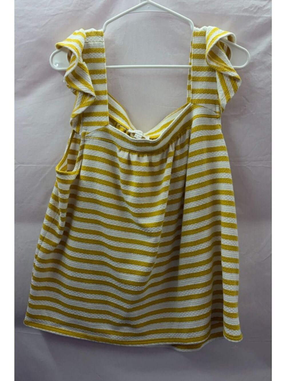 Loft Mustard Yellow White Striped Ruffle Sleeve Square Neck Seersucker Top